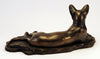 Bronze cat figurine, laying long, ears pricked alert