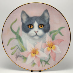 Decorative Cat Plate, HC  Pink Lilies
