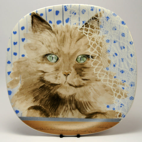 Decorative Cat Plate  Collection Coeur Minou ettes by C. Pradalie  green eyes with spotty background