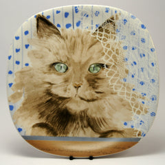 Decorative Cat Plate  Collection Coeur Minou ettes by C. Pradalie  green eyes with spotty background