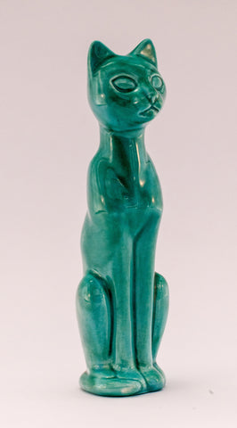 stained turquoise porcelain slim cat sitting figurine