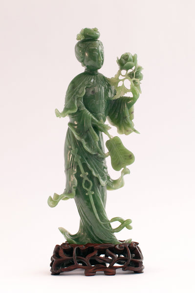 An exquisite carved green jade Lady with fan and flowers. – Katoomie