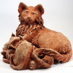 Terracotta textured clay mother cat with sleeping kittens ornament.